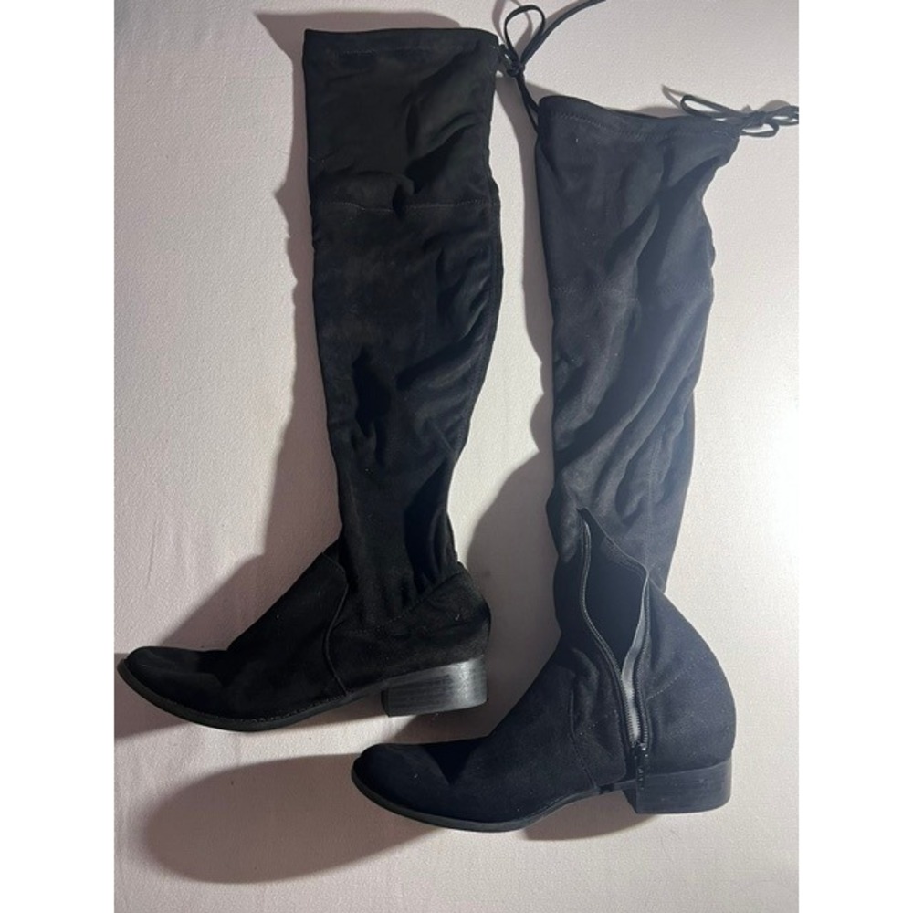 A New Day Over The Knee Boots Women 7 Black Good Faux Suede Tie Back Block Heel